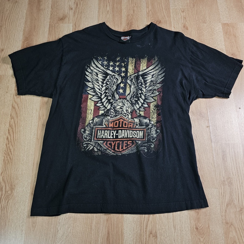 Harley-Davidson T-Shirt Mens L Black Eagle Flag Janesville WI Graphic Tee